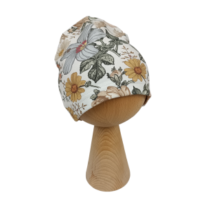 Czapka pojedyncza kwiaty beż